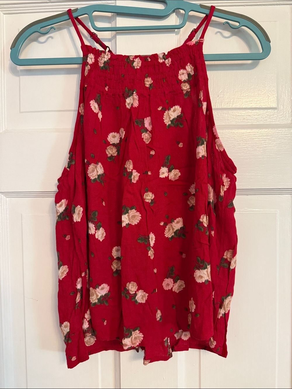 Hollister Red Floral V-Neck Tank with Pink Blooms
